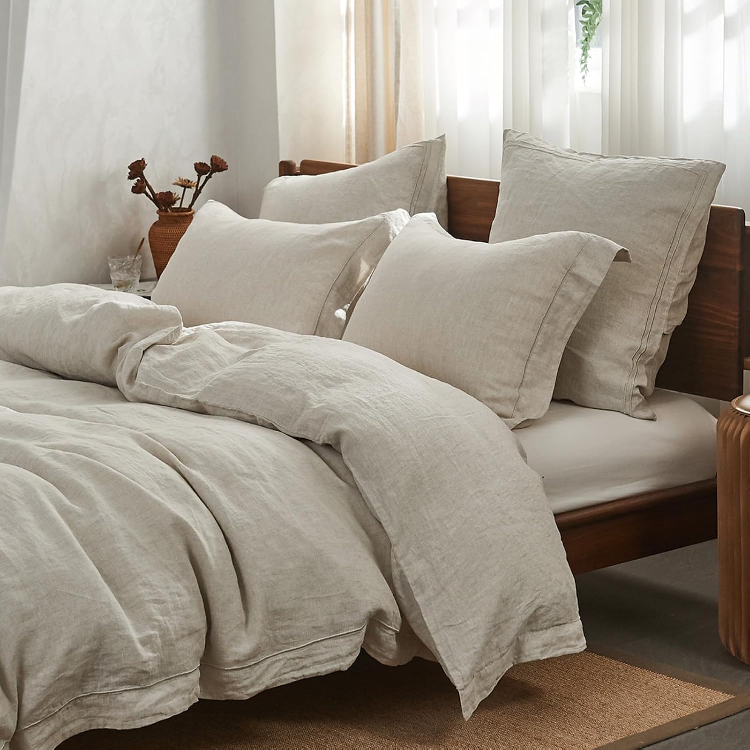 Linen Duvet Cover - Reines Leinen-Bettwäsche-Set, dreiteilig, weiches Farmhouse-Bettbezug-Set mit