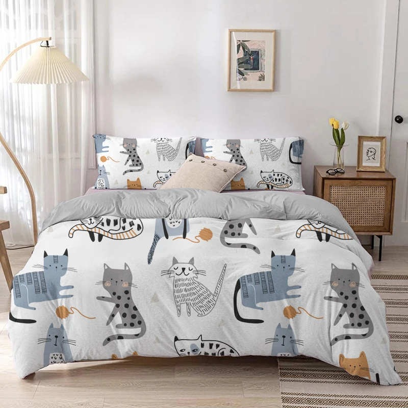 Linen Duvet Cover - Cartoon Katze Bettbezug-set Cartoon Tier Druck