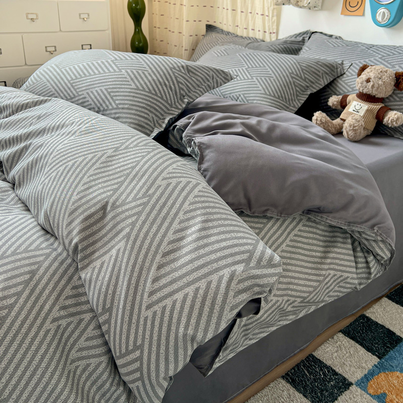Linen Duvet Cover - 4-teiliges Graues Geometrisches Bettwäsche-Set Modernes Chevron-Gestreiftes